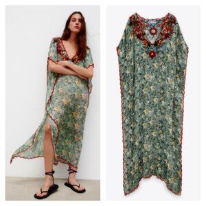 Zara Floral Embroidered Scalloped Kaftan Midi Dress Size S EUC